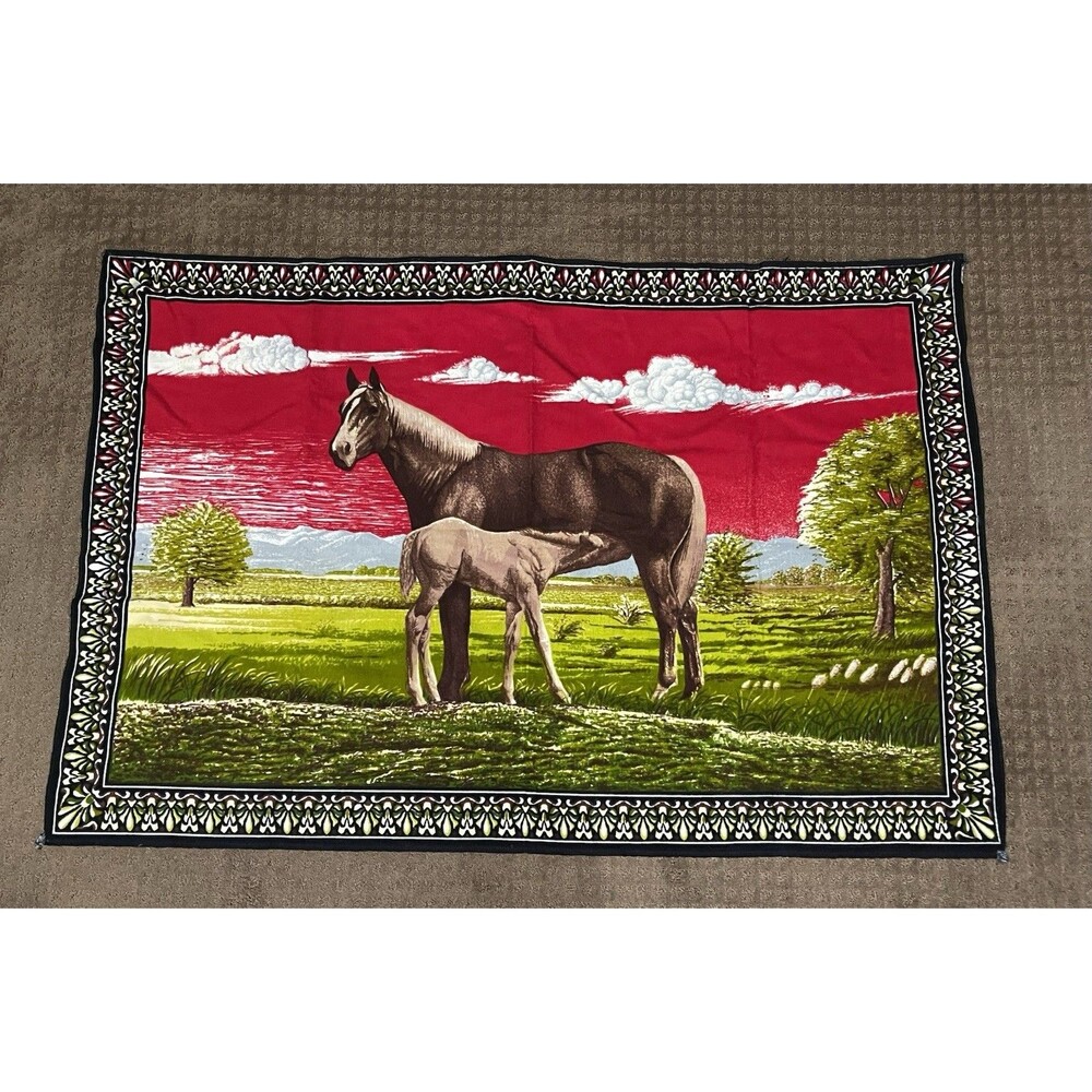 Vintage Horse Tapestry Wall Hanging Felt Velvet Mother Horse With Foal